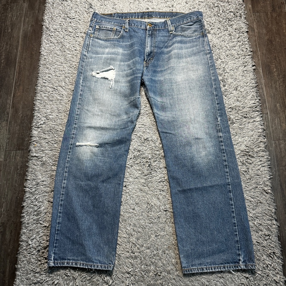 Levis 569 Jeans Mens 38x32 Loose Blue Denim Distressed Straight Leg Logo